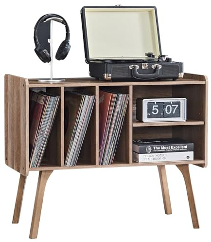 LELELINKY Record Player Stand, 4 Compartments, Holds Up to 220 Records