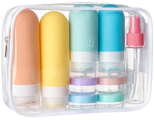 Dryxog 17 Pièces Bouteilles Voyage Silicone avec Étiquettes Tuyaux Compressibles Flacon Accessoires Travel Essentials Flacon Pipette pour Shampooing Après-Shampoing Lotion Savon