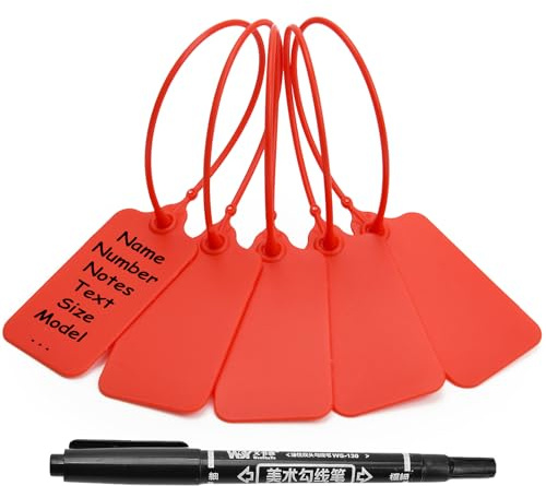 50 Red Blank Plastic Tags for Labeling Waterproof Hanging Labels Writable Tags Seal Plastic Marking Label for Clothes Bags Keys Inventory with One Marker Pen