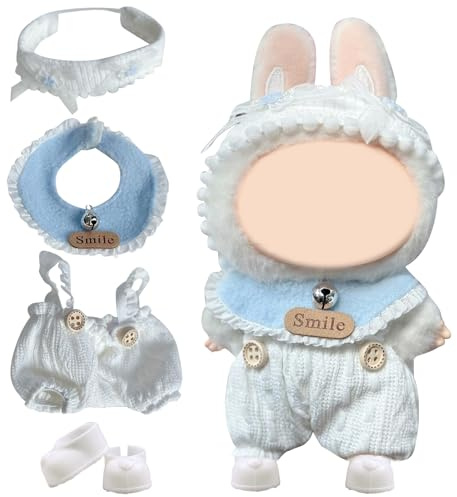 MLPKOI 4 Pcs Doll Clothes for 17cm Plush Dollss, Plush Doll Clothes, Set with 1 Overalls 1 Headpiece 1 Bib 1 Shoes for Dolls Premium Outfit, Cute Dolls Outfit Accessories Gifts for Kids