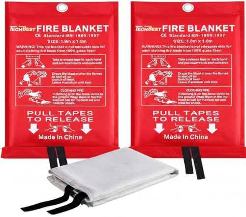 TechBest Löschdecke Küche Feuerlöschdecke - 160 x 180 Glasfaser 2-Packung. DIN EN 1869:2019. Brandschutzdecke für Fettfeuer in Auto, Schule, Kamin, Grill, Büro, Garage, Schweißen, Lager.