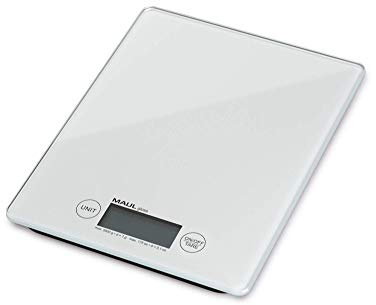 MAUL Briefwaage MAULgloss 16,5 x 17 cm | Waage bis 5kg belastbar | Moderne Küchenwaage mit Glasoberfläche | Automatische Nullstellung und Abschaltautomatik | Inklusive Batterien | Weiß
