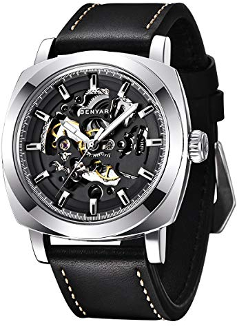 BENYAR - Uhren Herren Uhr Automatik Mechanische Armbanduhr | Lederband | Goldene Bewegung | 45 mm Skeleton Dial | Wasser- und Kratzfest | Elegantes Geschenk für männer