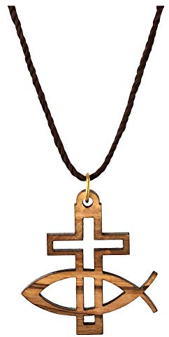 MaMeMi Belle chaîne avec pendentif en bois d'olivier véritable avec croix et poisson [env. 4 x 4 cm] de Bethléem, de la Terre Sainte (fabriqué à la main