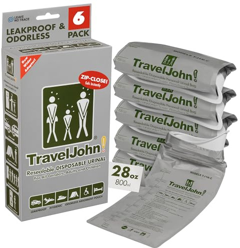 TravelJohn Resealable Disposable Urinal Bags 28oz (6 Pack) – Road Trip Essentials for Men, Women & Kids – Odorless Leakproof Portable Urine Bags – Travel Urinal for Camping & Emergencies (TJ1N-C)