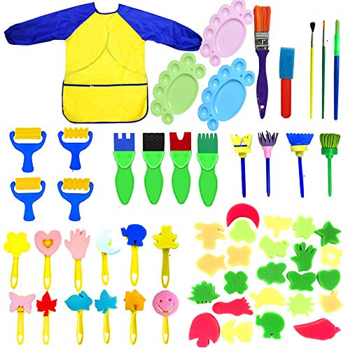 Fycooler Niños Cepillos de Pintura de Esponja Herramientas de Dibujo para Niños Pintura Temprana Artes DIY Artesanías Juguete para la Edad 3-6 con incluye pinceles de espuma Delantal Impermeable-57pcs