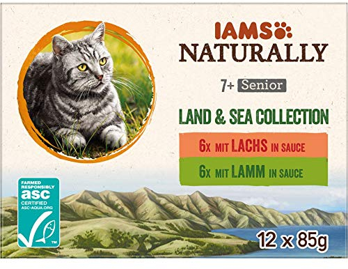 IAMS Naturally Senior Katzenfutter Nass in Sauce - hochwertiges Nassfutter mit Fleisch und Fisch für ältere Katzen, Land & Sea Collection, 12 x 85 g
