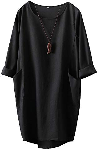 FTCayanz Donna Vestito Tunica T-Shirt Lino Abito Manica Lunga Mini Sciolto Abiti Elegante Nero XXL
