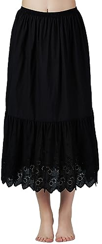 BEAUTELICATE Femme Jupon en Pur Coton avec Dentelle sous Jupe sous Robe Fond De Jupe Léger Frais Antistatique A-Ligne De Fille Été (Anglaise Lace - Noir - 70cm, XL, 32'')