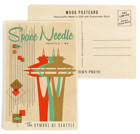 The Space Needle, Simple Block Color, Mid Century Modern Graphic Design (4x6 Birch Wood Postcards, 2-Pack Stationary, Rustic Home Wall Decor)