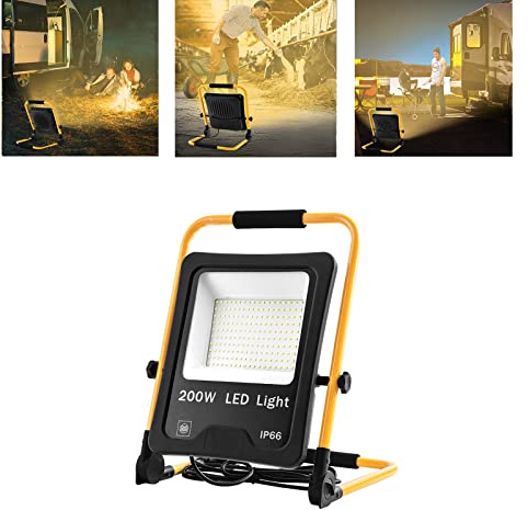 LZQ LED-bygglampa 200 W varmvit med stativ och strömkabel, IP66-arbet vattentät med kontakt för verkstad byggarbetsplats, garage