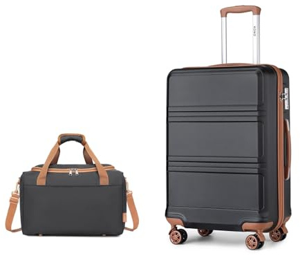 KONO Set di 2 Valigia Bagaglio a Mano Rigida e Leggera ABS+PC Trolley 55cm con 4 Ruote Rotanti e Lucchetto TSA & Borsa da Viaggio Ryanair 40x30x20, Nero/Marrone