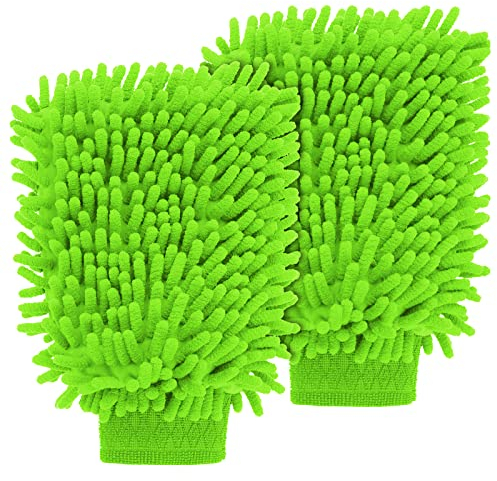 Sibba 2Stück Waschhandschuh Auto Waschlappen Nanofasertuch Microfasertuch Set für Autopflege Autowäsche Pflegehandschuh Langer Griff Schwamm Innenreiniger Trocknen Kratzschutz Waschtücher Webtuch Grün