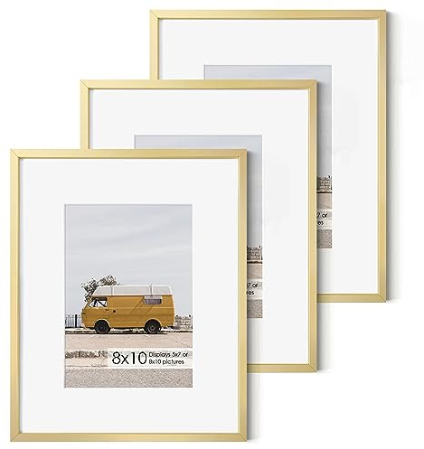 Fun Memories 8x10 Inch Metal Picture Frame - Aluminum Photo Frames - 5x7 Mat - Ideal for Wall or Tabletop Display - Wall Hook Hanging Hardware Included - Set of 3 - Glod