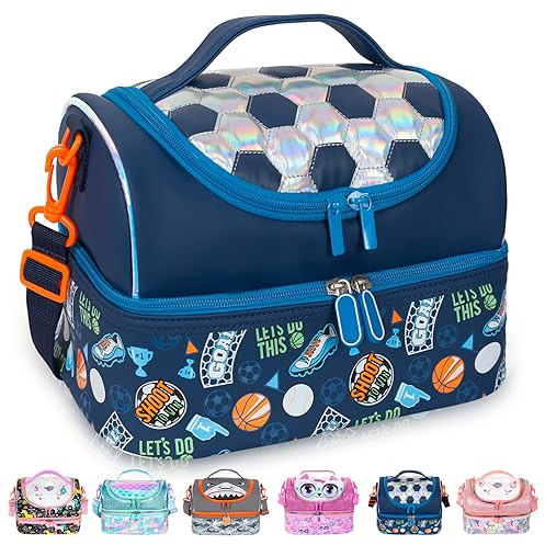 PinkSheep Borsa termica per il pranzo a due piani per bambini, grande, per ragazzi, ragazze, uomini, donne, con tracolla regolabile, unicorno (Calcio)