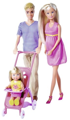 Simba Steffi Love Familia Feliz, Muñeca Embarazada con Kevin (30 cm), Evi (12 cm) y bebé (4 cm), Cochecito y 11 Accesorios, Steffi 29 cm, A Partir de 3 años (105733673)