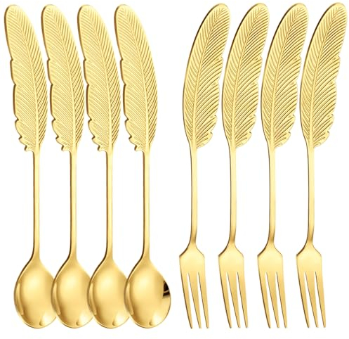 Pleafind 8PCS Coffee Tea Spoons Cake Forks, Stainless Steel Gold Feather Shape Small Dessert Forks Ice Cream Teaspoons Stirring Milk Spoon Gifts for Men, Christmas Birthday Men Gifts, Dishwasher Safe