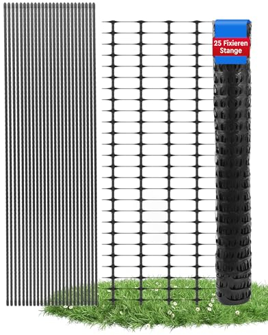 Ezcasch 25m Mobiler Begrenzungszaun (100g/㎡ 1m Hoch) Engmaschig Hühnerzaun Absperrzaun Gartenzaun Hundezaun für Kleintiere Geflügelzaun inkl. 20x Pfähle & 100x Kabelbinder