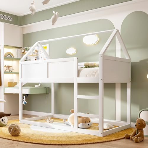 Rtopsu Kinderbett Etagenbett 90x200 cm, Bett mit Leiter und Lattenrost aus Holz, Hochbett Bettgestell mit Dach und Rausfallschutz, Hausbett Einzelbett für Kinder, Möbel, Weiß, Ohne Matratze
