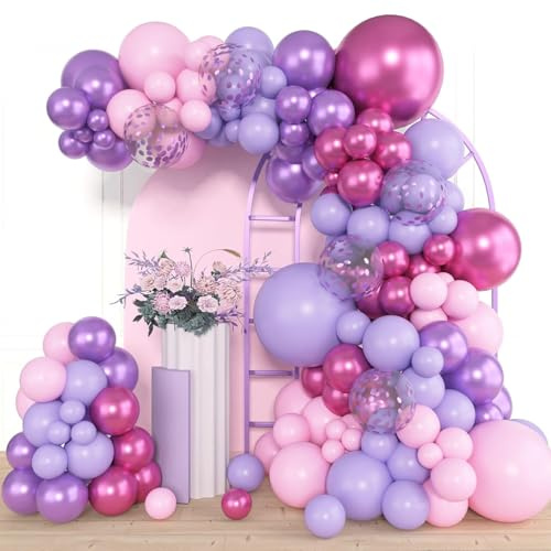Kit Arco de Globos Morados - 110 Piezas Globos de Cumpleaños con Globos Rosa Morados Metálicos y Confeti, Guirnalda de Globos Helio para Decoracion Cumpleaños, Baby Shower, Boda, Decoracion Fiesta