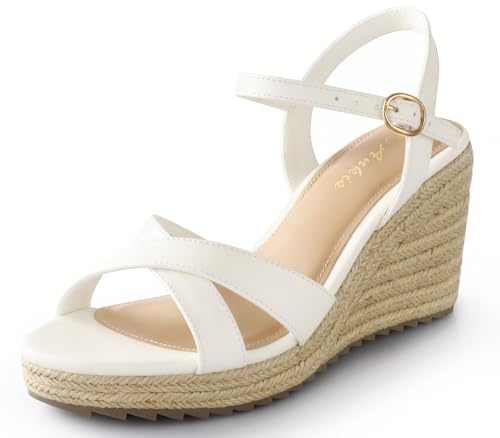 Ankis Wedge Sandals for Women, White Espadrille Womens Wedge Sandals Comfortable Open Toe Ankle Strap High Heel Wedges for Women Dressy Summer -3.4Inch