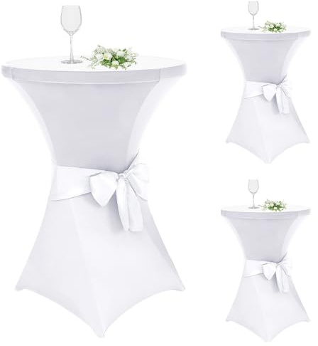 Alishomtll Lot de 3 housses de table haute avec nœud, diamètre 60 cm, extensibles, élégantes housses de table pour table de bistro, table haute, banquet, mariage (Ø 60 x 110 cm, blanc)