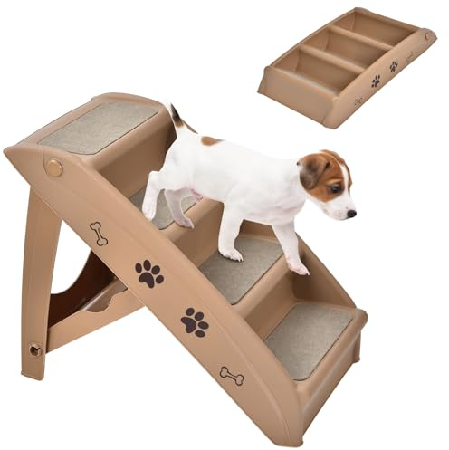 SOARS Haustiertreppe faltbar, 4-stufige Hundetreppe Katzentreppe mit Filz Matte, Tiertreppe für Katzen Hund bis 60kg, rutschfeste Katzenrampe für Bett, Auto, Sofa (Braun)