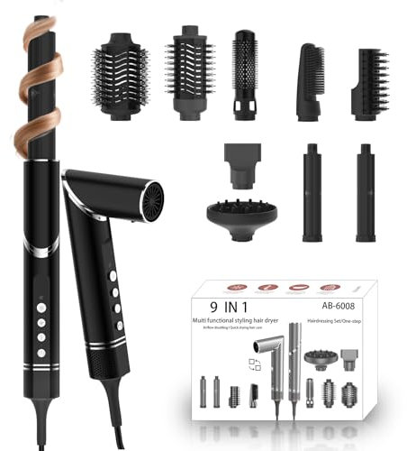 AXCEED Hairstyler 9 en 1 Air Styler Set - Juego de cepillos de peinado de 1400 W con secador de pelo, rizador, cepillo de aire caliente, cepillo para secador de pelo, cepillo redondo, cepillo alisador