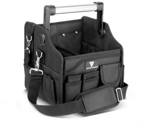 STAHLWERK Werkzeugtasche – 14 Außentaschen, 2 Innenfächer, robuste Elektriker-Tasche, tragbare Montagetasche mit verstärktem Rahmen, Aluminium-Tragegriff und Gurt, strapazierfähiges Polyester-Gewebe