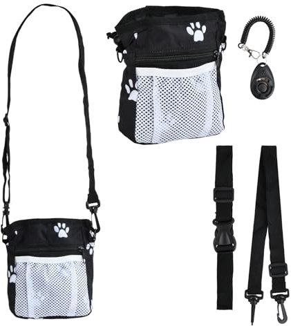 Kaslaider Bolsa Premios Perro con Clicker, Bolsa de Entrenamiento para Perros con Dispensador de Bolsas para Caca, Bolsa de Chuches Perro con Huella de Pata, Poliéster Impermeable, Negro