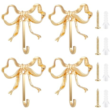 GOMAKERER 4 Pcs Bow Hooks for Wall, 2.6x2.6Inch Gold Coat Hook Wall Mount Purse Hanger Bow Room Decor Hooks for Coats Living Room Bathroom Bedroom Shower Curtain