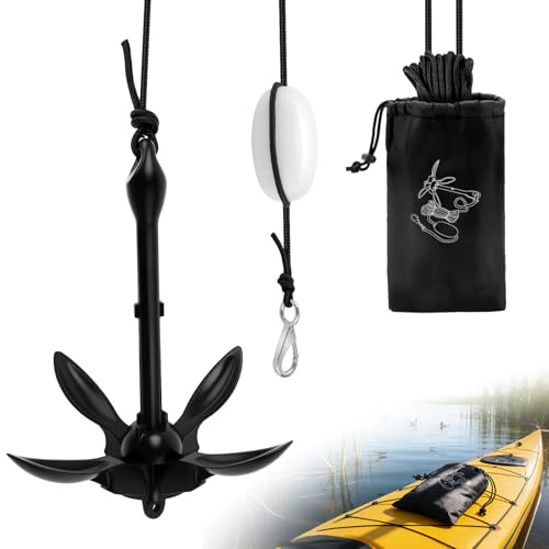 Avutrel Anclaje de Barco de 1.59 kg, Ancla Plegable, Kit de Ancla Barco Pequeña con Cuerda Flotante de 10m, una boya de Bola y una Bolsa de Almacenamiento, para Kayaks, Moto de Agua Jet, Canoas
