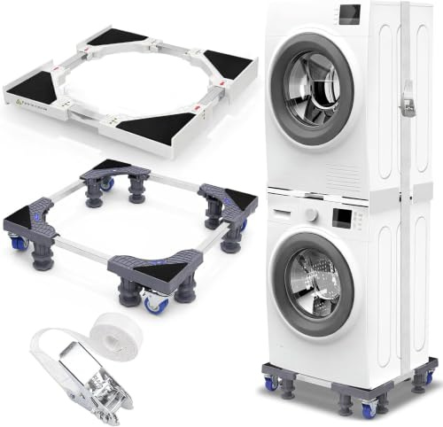 Staplingssats för tvättmaskin och torktumlare med justerbar bas, universell 46–72 cm ram och 43–60 cm stativ, 4 låsbara hjul, halkfri, antivibration, spännrem