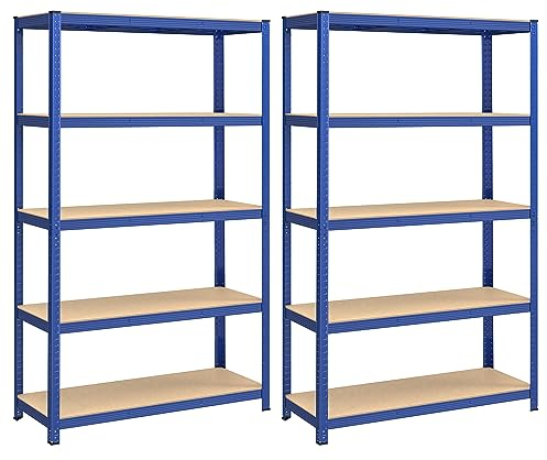 SONGMICS Set di 2 Scaffali in Metallo, Scaffalature a 5 Ripiani Regolabili, Senza Viti, Scaffale Salvaspazio per Garage, Magazzino, Portante 750 kg 60 x 120 x 200 cm, Blu GLR060Q02