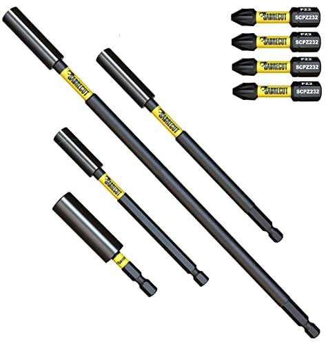 8 Piece SabreCut SCRK10 Magnetic 60mm 100mm 152mm and 305mm Professional Impact Bit Holders with 4 x 32mm PZ2 Screwdriver Impact Bits