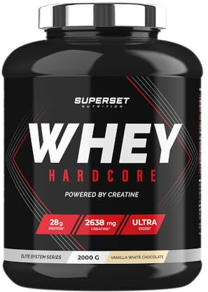 Superset Nutrition - Whey Hardcore (2kg) - Proteína Whey - Suero puro ultrafiltrado enriquecido con creatina, taurina, zinc y D3 - Vainilla Chocolate blanco