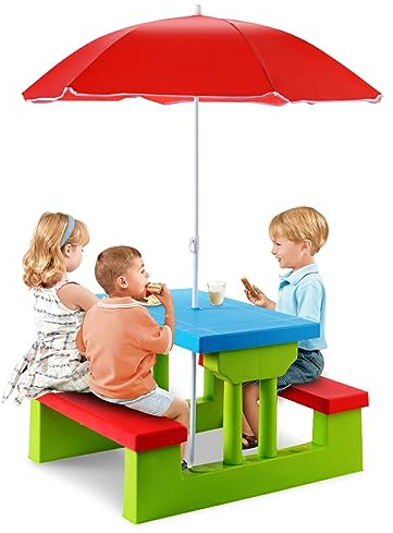 KOMFOTTEU Conjunto de Asientos Infantiles con Sombrilla, Juego de Picnic para Niños con 1 Mesa y 2 Bancos, Juego de Muebles para Jardín, Parque, Terreza (Verde + Rojo + Azul)