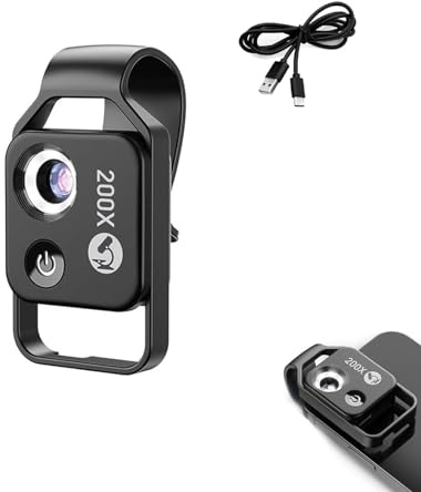 KyneLit NanoZoom 200x Clip Smartphone Microscope Lens - Haute Définition Grossissement avec Lumière LED - Lentille Microscope Numérique Léger et Portable (Noir)