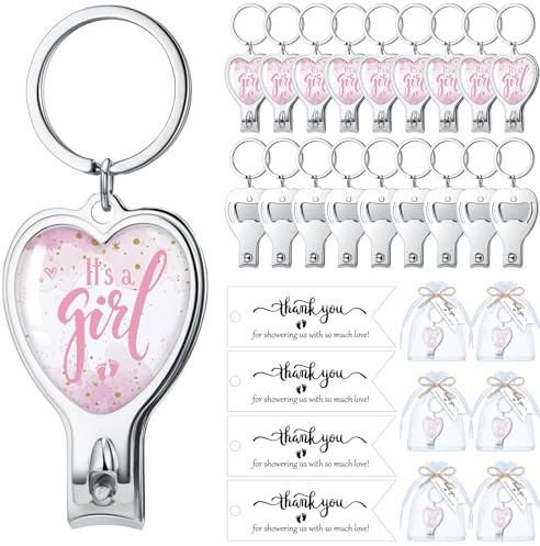 Pickmesh 50 Set Baby Shower Party Favors for Guests Heart Bottle Opener Nail Clipper Keychain with Thank You Tags Organza Bag for Baby Shower Gender Revel Party Souvenirs(Girl)
