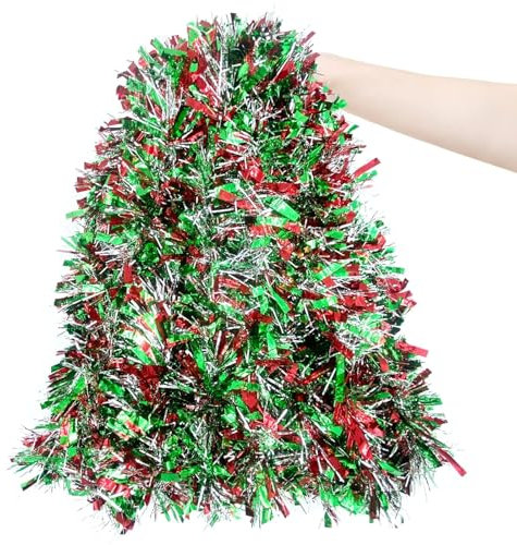 Pextian 6M Christmas Red/Green/Silver Tinsel, Chunky Xmas Tinsel Garland for 7 feet Christmas Tree, Fireplace, Stairs, Wreath, Doorway, Window, Table Centerpiece, Xmas Party Supplies