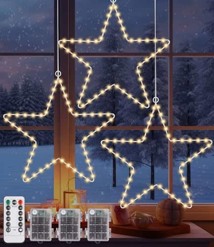 Weihnachtsstern Lichter, LED Weihnachtsstern Beleuchtung, Leuchtstern Fensterdeko 8 Modi 50 Warmweißen LEDs Lichterketten Batteriebetriebene Christbaumschmuck Lichter für Weihnachten Deko (3 Stück)