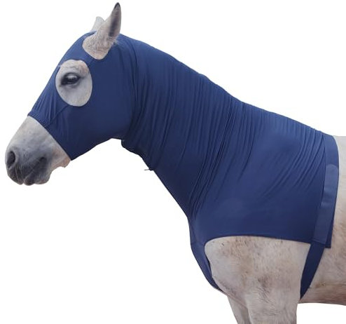 Cappuccio elasticizzato per cavallo con cerniera, copertura integrale per viso e collo per protezione dal prurito dolce, protezione per spalle e mosche, colore blu navy, taglia M