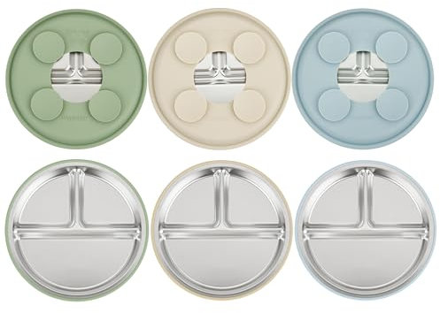 PandaEar 3 Stück Edelstahl-Baby-Saugnapfteller, geteilter Kleinkind-Teller für Babys, LED-Entwöhnungsbedarf, rutschfestes Kleinkind-Baby-Fütter-Set, spülmaschinenfest (Blau/Grün/Braun)