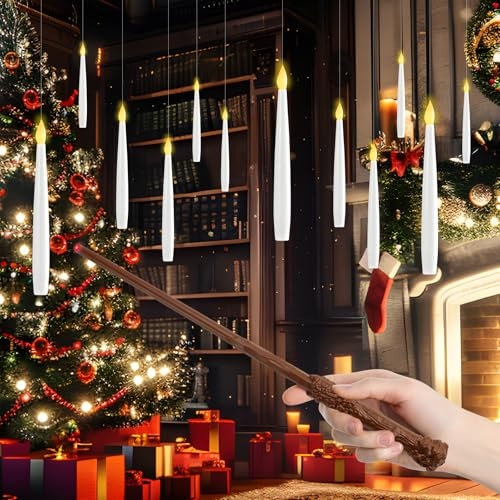 Aischens 12 Stück Schwebende Kerzen mit Zauberstab und 6H Timerfunktion, Hängende Leuchtende LED Kerze, Flammenlose Batteriebetriebene Kerze für Weihnachten Dekoration Party, Geschenke für Kinder