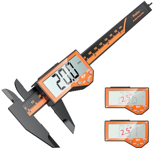 Preciva Calibre Digital,Pie de Rey de Fibra de Carbono de 150 mm con Pantalla LCD Transparente y Batería de Respaldo,Internas,Calibre para Mediciones Externas, de Profundidad y de Paso Negro/naranja
