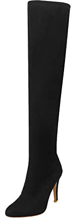 Stivali sopra il ginocchio da donna con tacco alto a spillo con tacco a spillo, stivali alti in pelle scamosciata, elasticizzati, lunghi e alti al ginocchio, eleganti stivali da donna, Nero , 38 EU