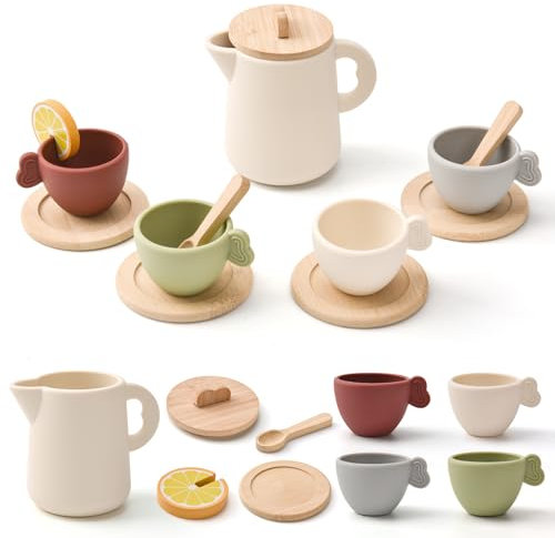LTFIOON Kindergeschirr Teeservice Set, 13 Stück Teeservice Kinder Silikon Holz Kinderküche Zubehör, Teeparty Spielküche Rollenspiele Puppengeschirr Geschenk für Kinder Mädchen Jungen ab 3 Jahren