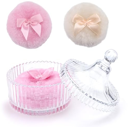 Huakaile 2 Pieces Large Body Powder Puff and Container Pink & Beige, Glass Powder Container with Puff Washable Reusable, Soft Applicator for Face Wet Dry Makeup (3 pcs)
