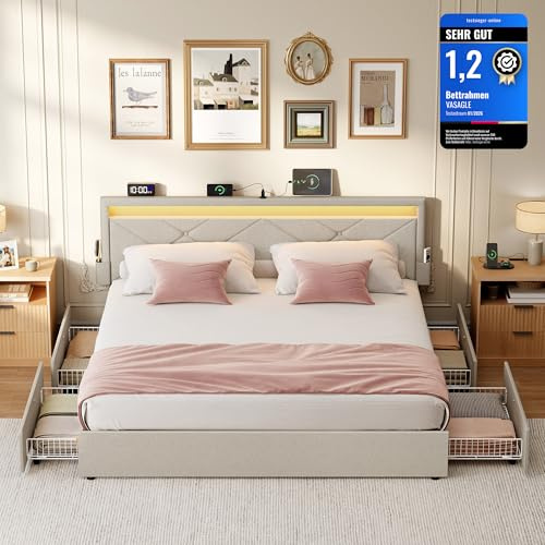 VASAGLE Doppelbettgestell, Bettgestell, 160 x 200 cm, LED, Metallbett, 4 Schubladen, Ladestation, verstellbares gepolstertes Kopfteil, cappuccinobeige RMB828LH01