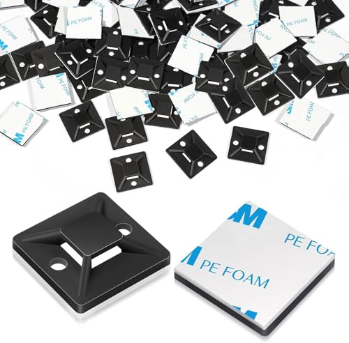 100 Pcs Cable Tie Mount 18 x 18mm, Black Self Adhesive Wire Tie Base Holders, Sticky Zip Tie Pads Clips for Home Office Cables Management